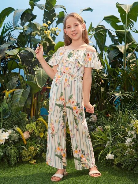

girls striped & tropical print cold shoulder & pants she, White