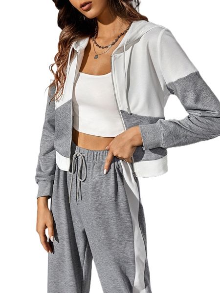 

colorblock zip up drawstring hoodie x25o#, Black