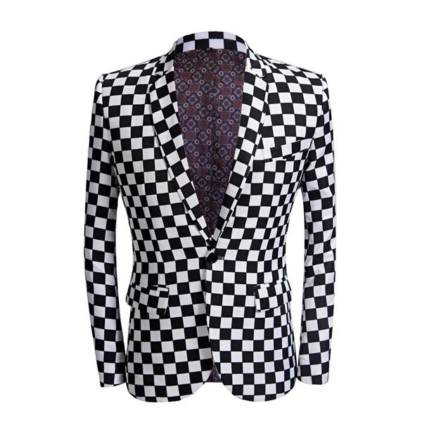 

men suit black white plaid print 2 pieces wedding groom fashion checkerboard jacket stage singer host dancer slim fit costume party prom bla, White;black