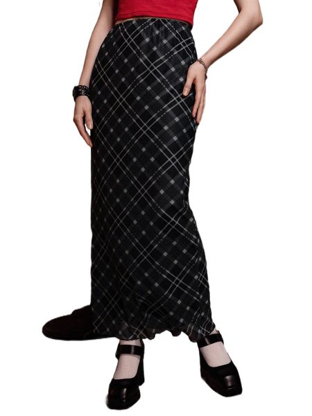 

romwe dark academia plaid straight skirt f5jq#, Black