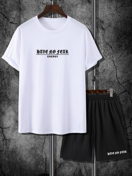 

men letter graphic tee & shorts a7kr#, Gray