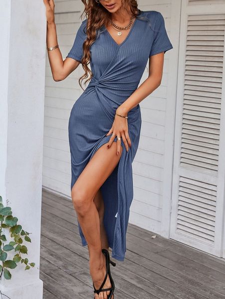 

ribbed knit twist wrap hem dress 00uc#, Black;gray