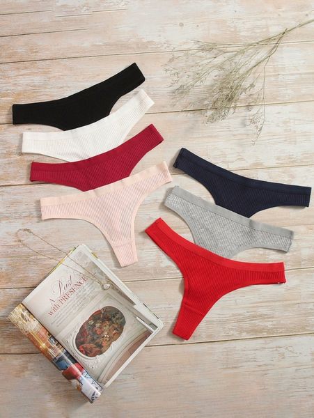 

7pack solid rib thong 3878#, Black;red