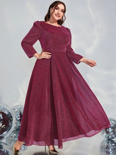 

plus puff sleeve fold pleated hem glitter dress h7ly#, Black