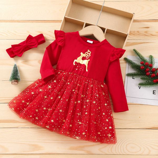 

0-3y christmas baby girls princess dress headband 2pcs elk star printed long sleeve mesh lace knee length, Red;yellow
