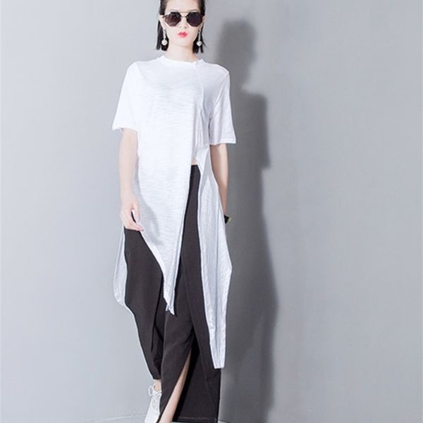 

[eam] women white solid color asymmetrical vent long t-shirt round neck short sleeve fashion spring summer t298 220328