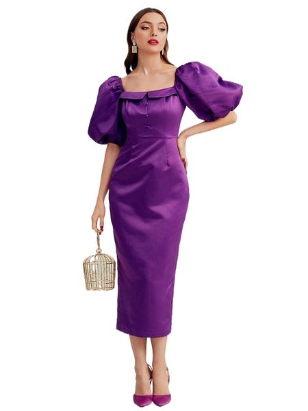 

puff sleeve square neck satin dress q8kx#, Black;gray