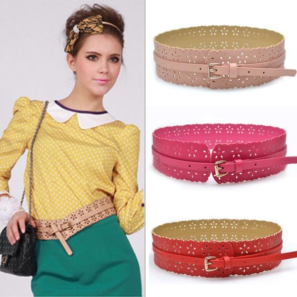 Belts Fashion Korean Style Go Shopping Girl PU Leather Pin Buckle Wide Belt Hollow Flower Design Waistband