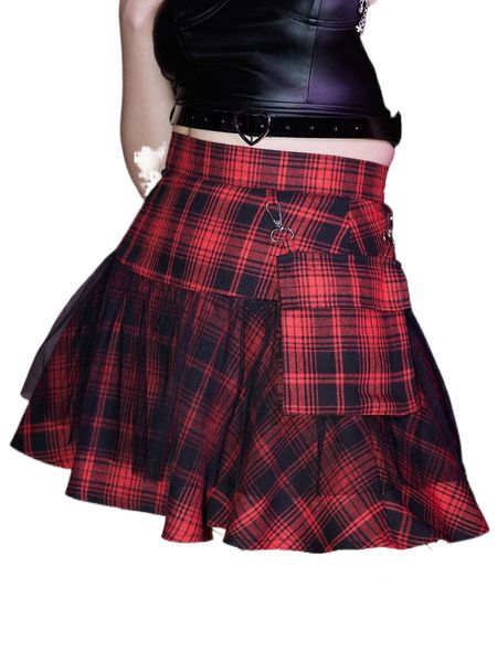 

romwe tartan contrast mesh pocket skirt v2ir#, Black