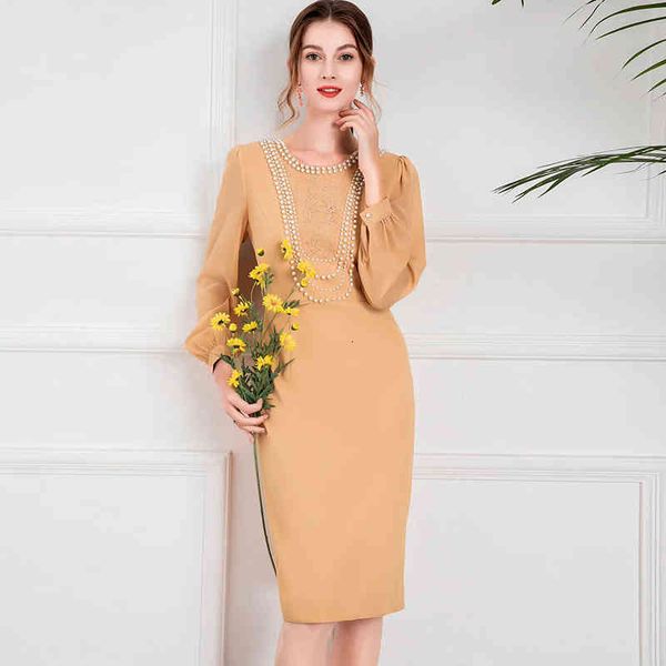 

casual dresses fashion temperament women's wear nail bead splicing slim long sleeve round neck knee length dress, Black;gray