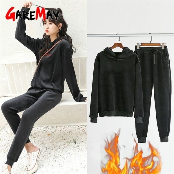

winter 2 piece tracksuit women black velvet sweatshirt female sport pullover women s sport set tracksuit for women sweatshirt lj201125, White