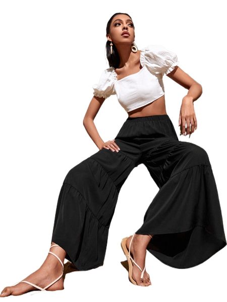 

ruffle hem wide leg pants f28i#, Black;white