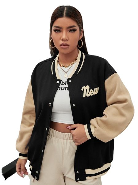 

plus letter patch detail drop shoulder two tone bomber jacket x6xb#, Black