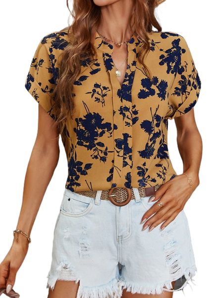 

floral print notched neck blouse k6ja#, White