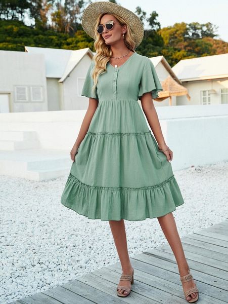 

flutter sleeve button front ruffle hem dress q6ty#, Black;gray
