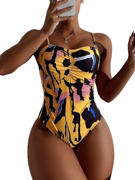 

color block ruched one piece swimsuit n0os#, White;black
