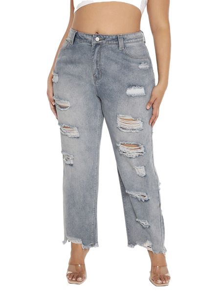 

plus ripped raw hem straight leg jeans u4fj#, Blue
