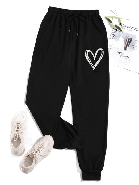 

heart print drawstring waist sweatpants m25i#, Black;white