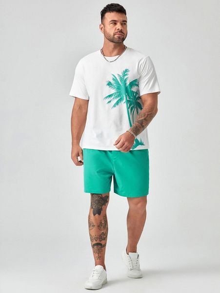 

extended sizes men tropical print tee & shorts set b5ce#, Gray