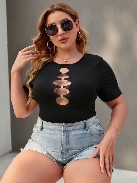 

plus ladder cut out rhinestone detail tee f4fr#, Black