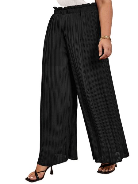 

plus paperbag waist pleated wide leg pants f8na#, Black