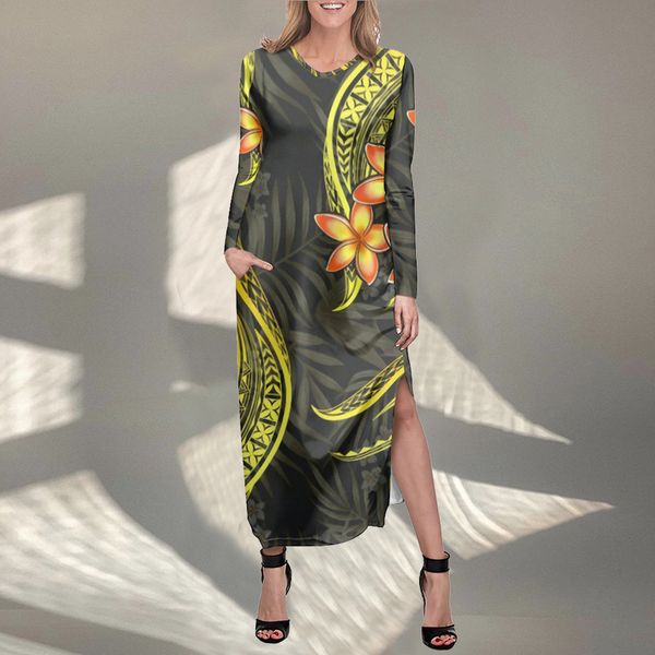 

noisydesigns women split dress long sleeve bodycon club yellow summer evening party plumeria hibiscus roupas feminina 220627, Black;gray
