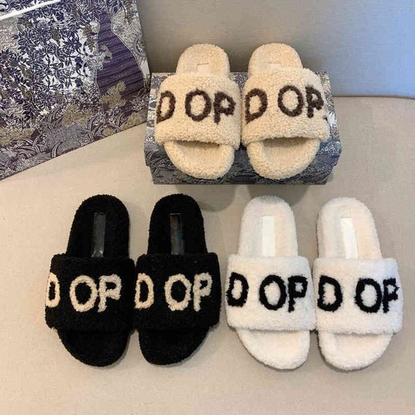

autumn new red women's d family lamb wool are wear thick bottom lazy one-line outside 2022 trendy fashion design ladies slippers, Black