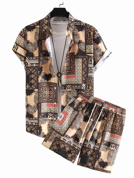 

men patchwork print shirt & drawstring waist shorts without tee e9tc#, Gray