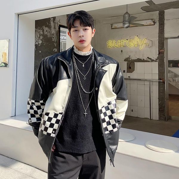 Jackets masculinos Spring Autumn 2022 Fashion Streetwear Coreano Marca de Cheques Costum a Jaqueta de Couro Men solteira Casual Handsome