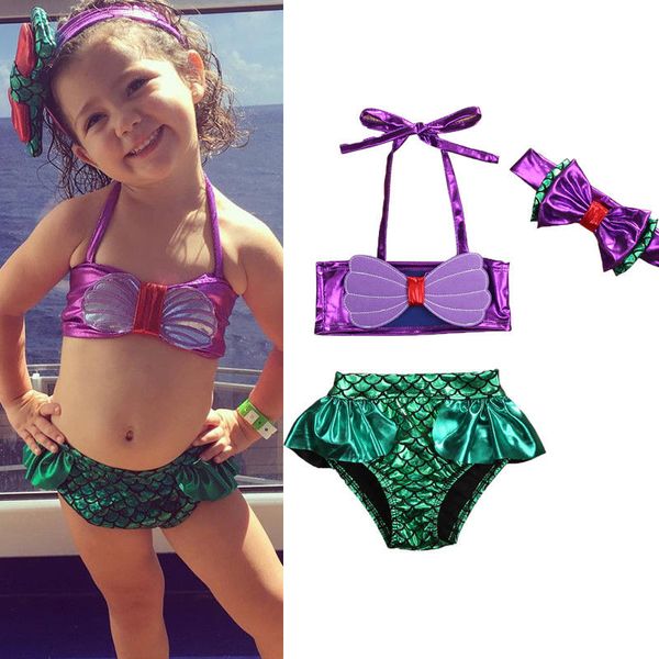 Sıcak 3pcs Çocuk Bebek Kız Mayo Ölçeği Baskı Yular Varış Bikini Set Bandage Çocuklar Banyo Kıyafet Plaj Mayo Plaj Giyim