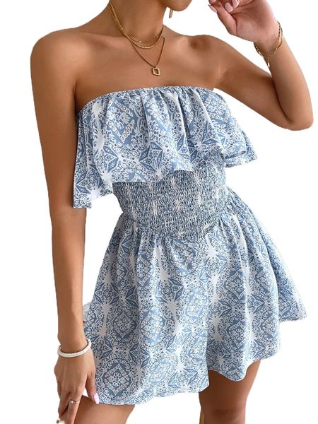 

damask print shirred ruffle trim tube romper l2ij#, Black;white