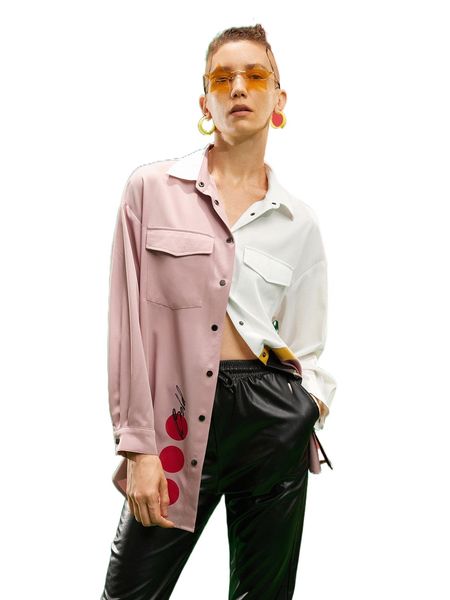 

x mashael al mutawa letter and polka dot print colorblock drop shoulder blouse a1td#, White
