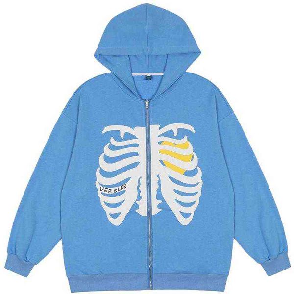 

mens hip hop streetwear harajuku loose pullover skeleton printed hoodie cotton fleece pullover black hooded sweatshirt zip t220726