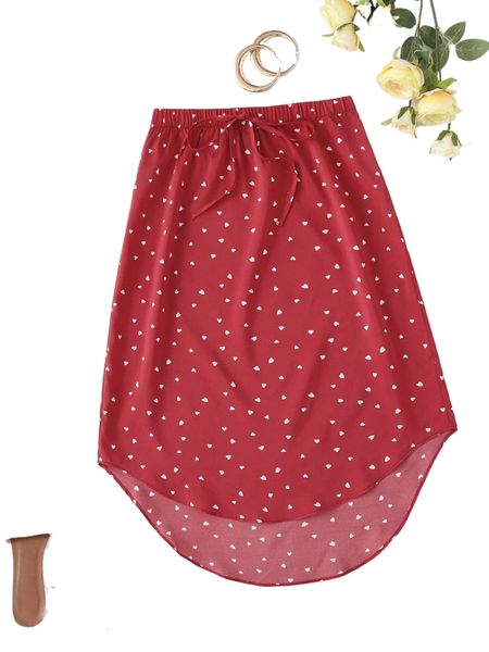 

confetti heart print knot front high low hem skirt h0i2#, Black