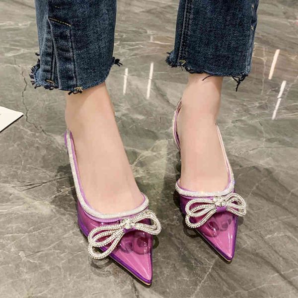 

dress shoes sandals pointed toe crystal straps pumps women pvc slingbacks purple high heels woman thin heeled bowtie party 220416, Black