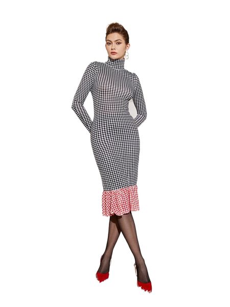 

x lynn abdul al high neck houndstooth graphic ruffle hem bodycon dress p705#, Black;gray
