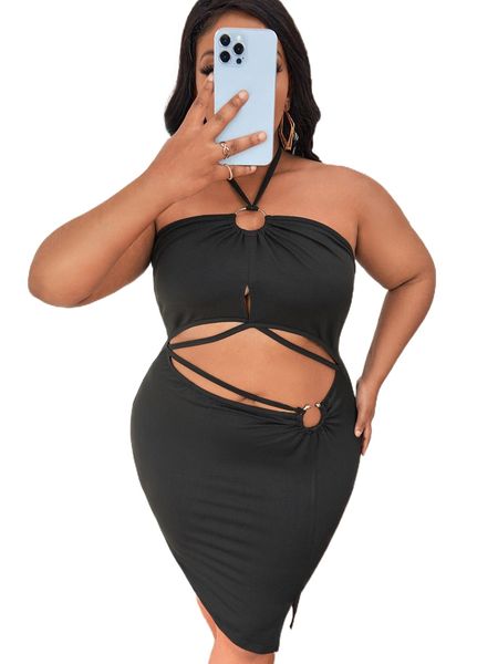 

plus o-ring cut out front halter neck slit hem bodycon dress p8en#, Black
