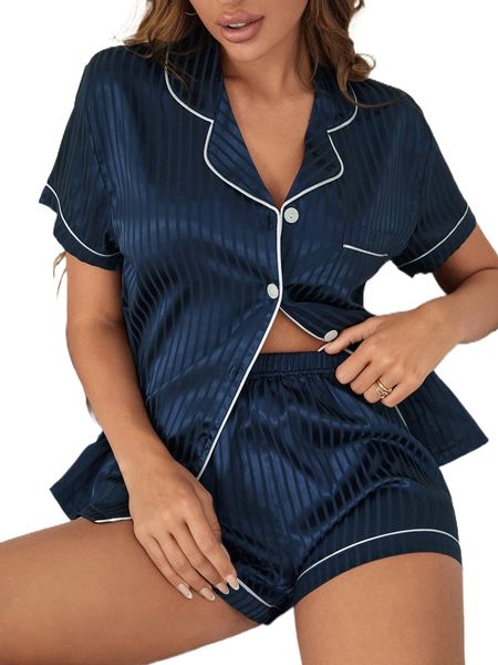 

striped button front satin night set t6qr#, Black;red