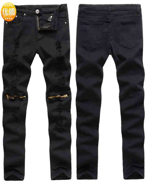

men's jeans european version men's hole sticking cloth cut leisure pants slim little foot stretch nightclub ojbl, Blue