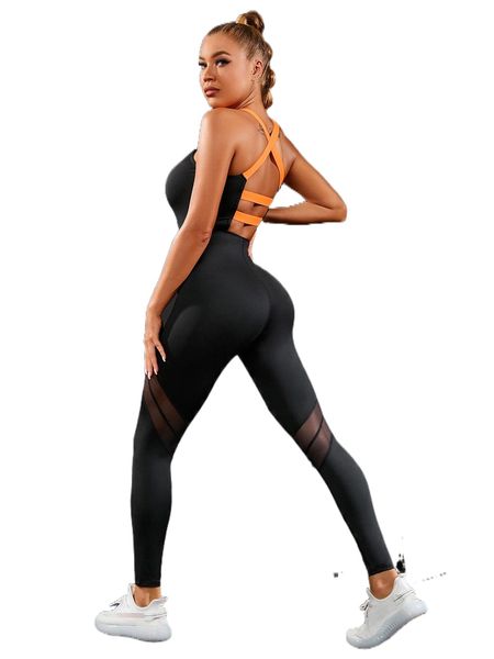 

crisscross backless mesh panel sports jumpsuit q5mi#, Gray