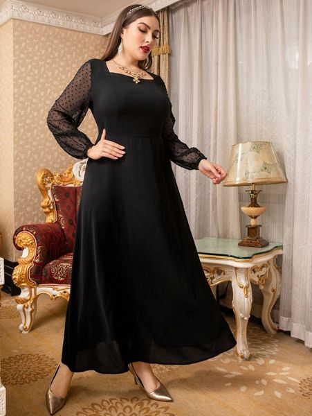 

plus contrast dobby mesh lantern sleeve square neck dress p9th#, Black