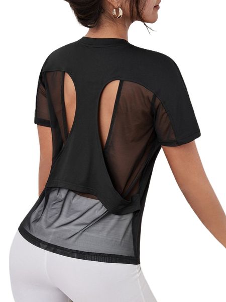 

absorbs sweat softness cutout sheer mesh insert sports tee y6xs#, Gray