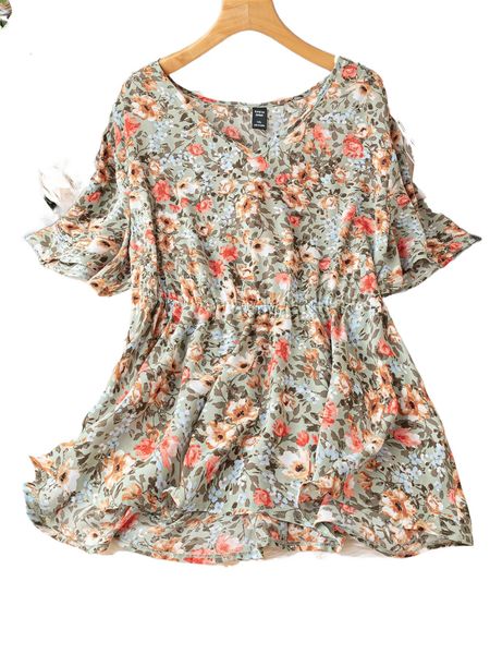 

plus allover floral print peplum blouse e9lp#, Black