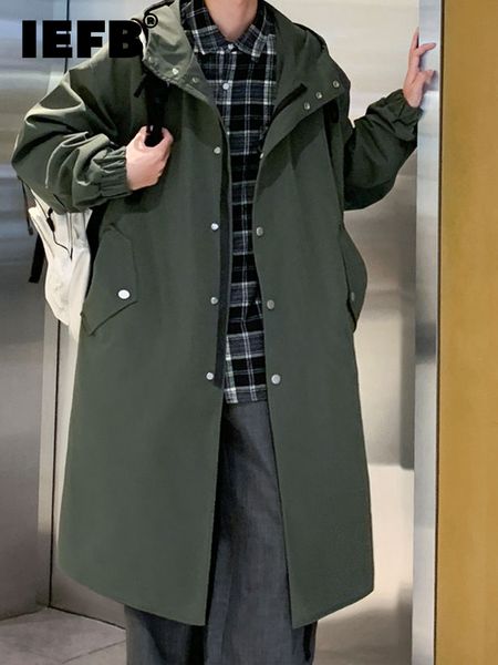 

men's trench coats iefb autumn windbreaker men's long coat middle long style solid color long sleeve with hat male trench temperam, Tan;black