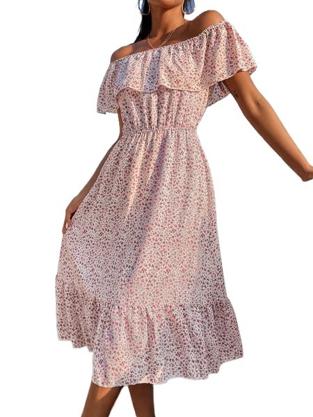 

ditsy floral ruffle hem bardot dress u2vb#, Black;gray