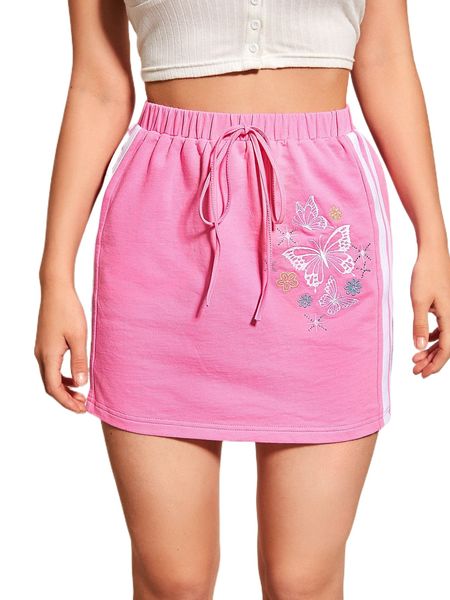 

floral & butterfly embroidery tie front skirt r75i#, Black