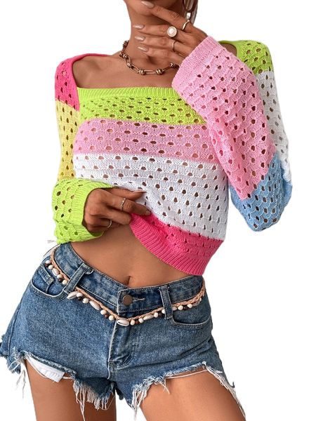 

color block raglan sleeve pointelle knit sweater o0lu#, White;black