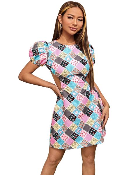 

patchwork print puff sleeve tie backless dress j7cc#, Black;gray