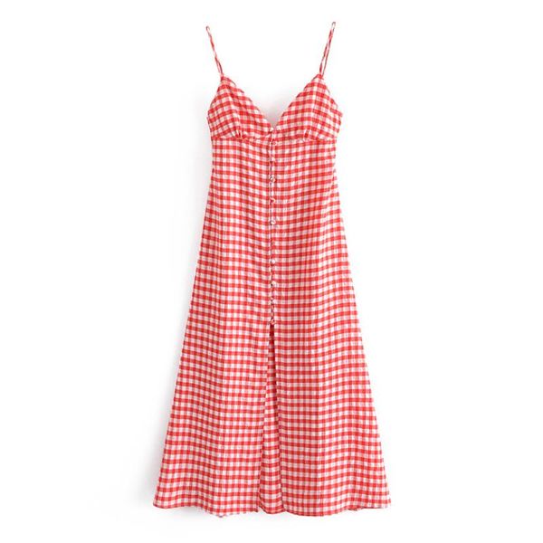 Lässige Kleider Sommer V-Ausschnitt Spaghettiträger Strandkleid Frauen ärmellos Split Plaid Midi Chic Fliege rückenfrei PartykleidLässig