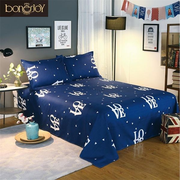 Bonenjoy Blue Color Bedding Sheet 3 pcs King Size Set for Queen s Letter Printed Flat with Pillowcase 220514